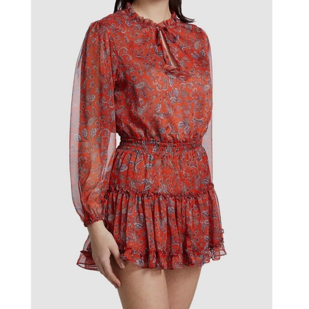 Misa Anthropologie Orange Floral Chiffon Lorena Mini Dress Ruffles Size Small